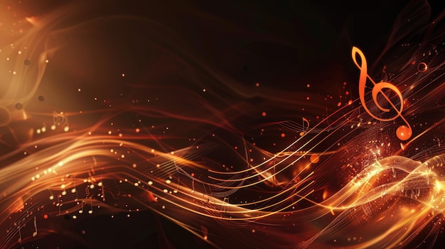 Abstract glowing musical notes on dynamic fiery background with flowing lines and sparkles