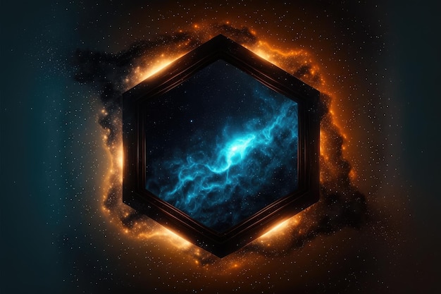 Abstract in glowing neon starlight and particles with hexagon shape in nebula