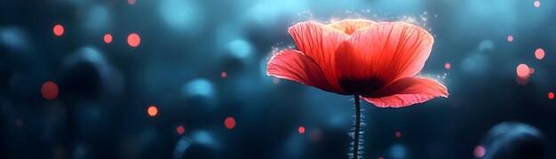 Photo abstract glowing poppy with text remember the heroes concept as an emotional banner design featuring