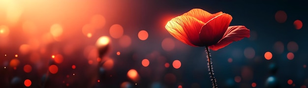 Photo abstract glowing poppy with text remember the heroes concept as an emotional banner design featuring