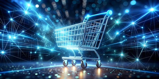 Abstract Glowing Shopping Cart Filled with Digital Particles Symbolizing Online Shopping on Cyber Mo