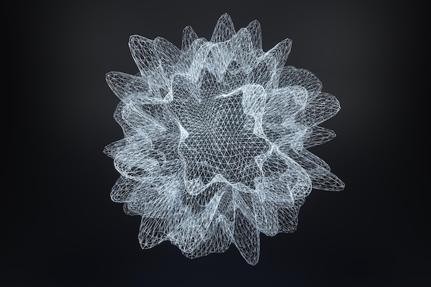 abstract glowing silver wireframe shape against dark background 3d render