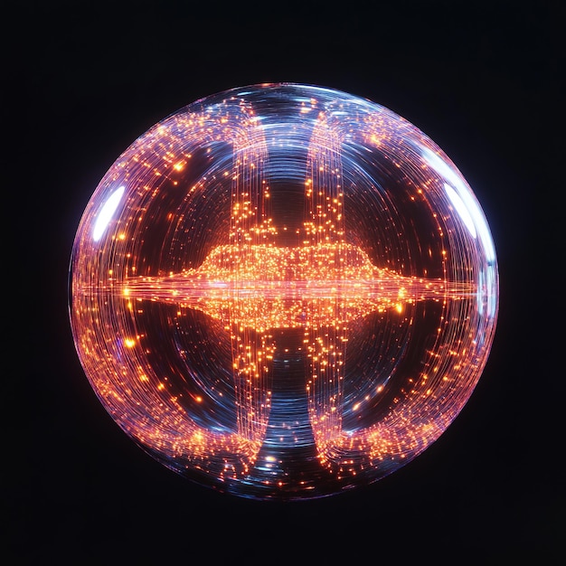 Photo abstract glowing sphere with a central light source and bright lines radiating outward