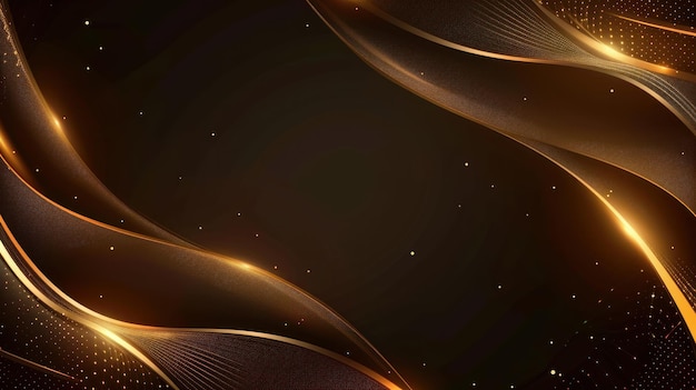 Abstract gold curved lines on dark brown background with luxury lighting and sparkles effects