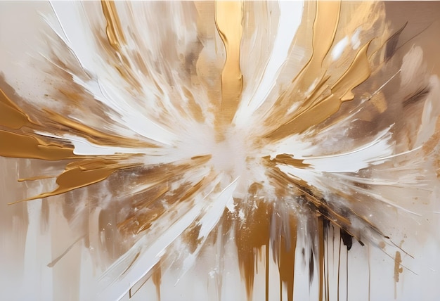 Abstract Gold and White Acrylic Painting With Radiating Lines