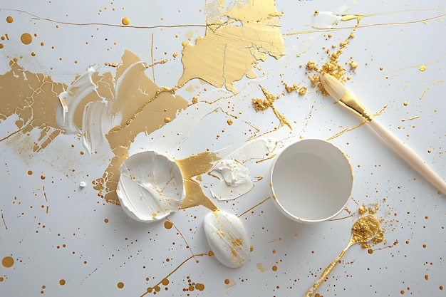 Abstract Gold and White Paint Splashes with Brush and Bowls