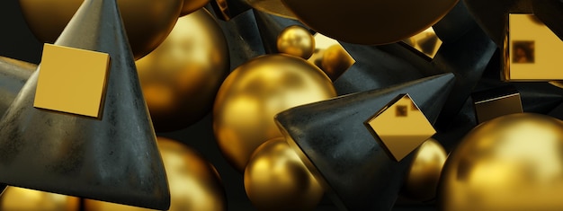 Abstract golden geometric figures background 3d render panoramic image