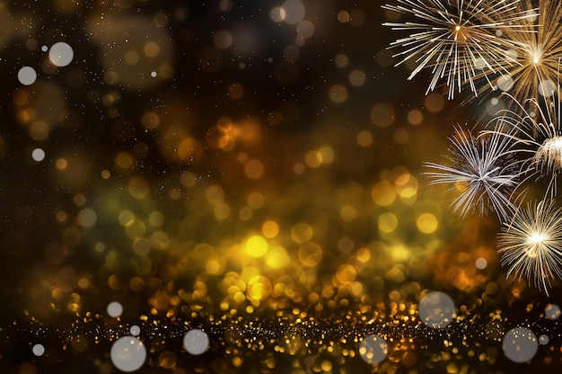 Abstract golden glitter and bokeh light background with fireworks