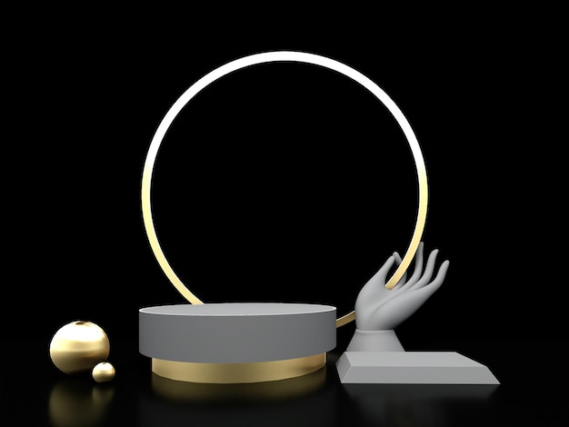 Abstract golden and loft stage podium Luxury and modern platform for product display advertising with golden circle ring spheres and loft hand sculpture black background 3D Render