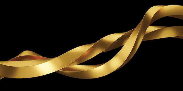 Abstract golden metal wave on black background with copy space 3D render