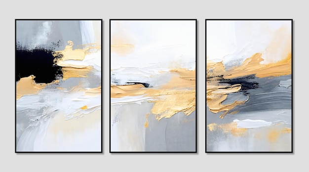 Abstract golden oil painting art triptych gray background cover design