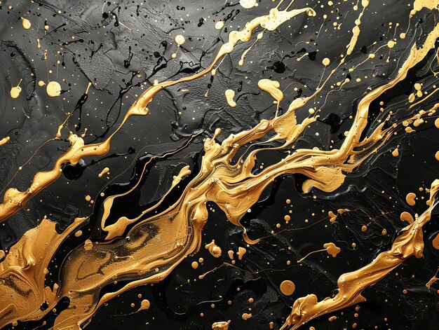 Abstract golden paint flows on black background