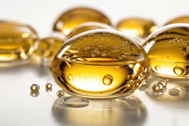 Abstract golden yellow face serum or oil bubbles on a white background macro picture of oil bubbles