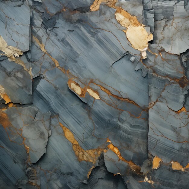 Photo abstract granite background with golden striations on blue and grey marble