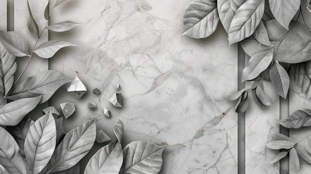 Photo abstract gray and white marble leaves and granite tiles on contrasting backgrounds with gray leaf banners and mosaic art deco