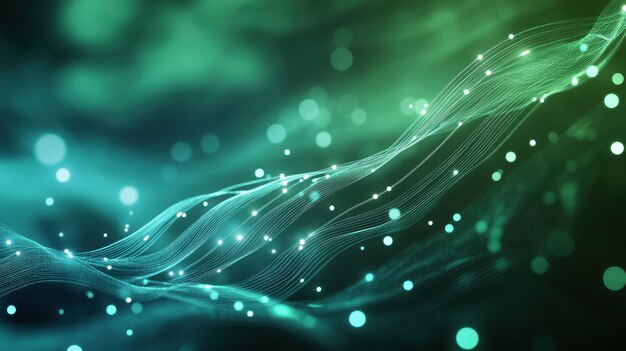 Abstract Green and Blue Wavy Lines with Bokeh Lights Technology Background