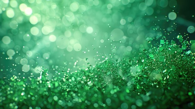 Abstract green bokeh with shimmering light and droplets