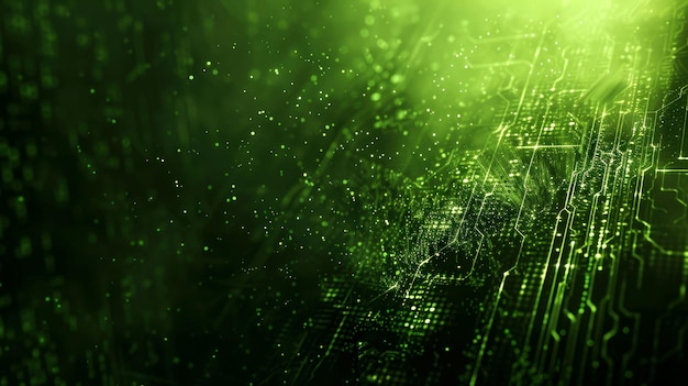 Photo abstract green circuit board with glowing particles