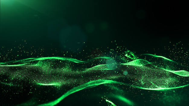 Abstract green color digital particles wave with dust and light background