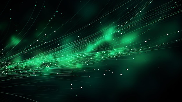 Abstract green fibre optic light strands against a black background