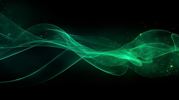 Abstract green fibre optic light strands against a black background