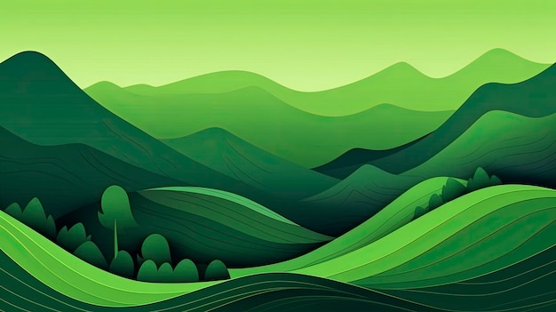 Abstract green landscape wallpaper background illustration design with hills and mountainsOrganic green environment ecology headerNature Landscape background Generate Ai