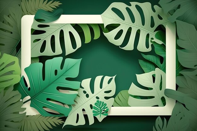 Abstract green leaves with a white frame tropical leaves and a background