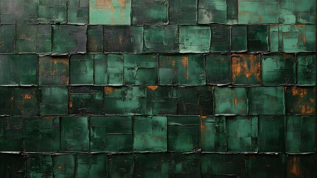 Abstract Green and Orange Oil Painting with Square Patterns