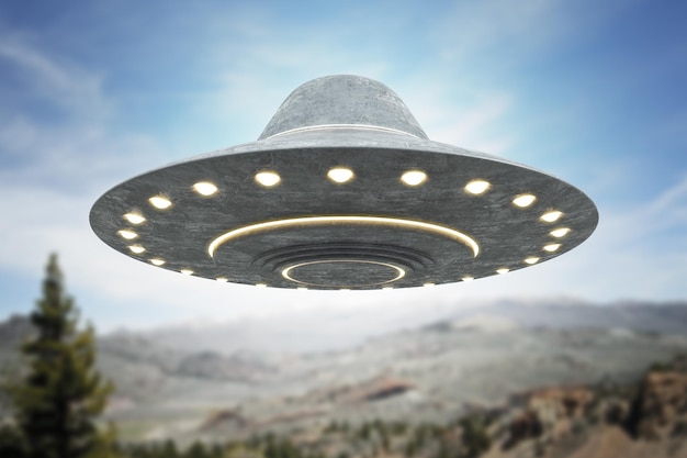 Abstract grey UFO flying on beautiful scene background Spaceship and aliens concept 3D Rendering