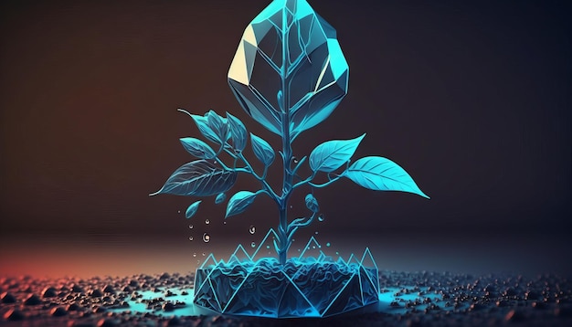 Abstract growing plant in soil with drop of water Low poly style design Generative ai