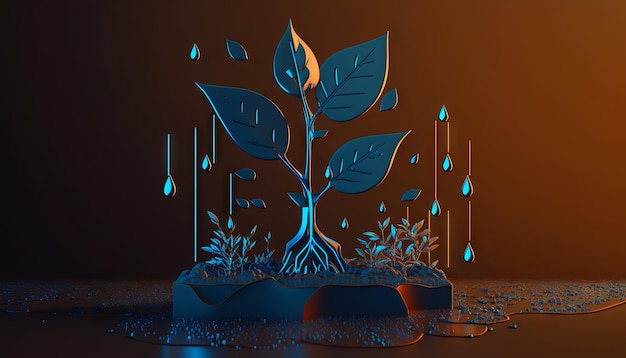 Abstract growing plant in soil with drop of water Low poly style design Generative ai