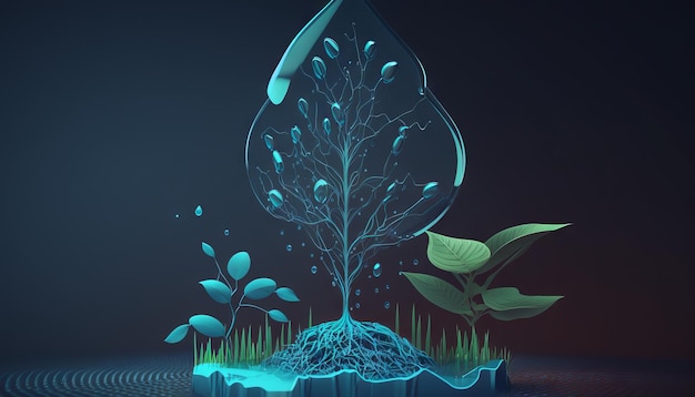 Abstract growing plant in soil with drop of water Low poly style design Generative ai