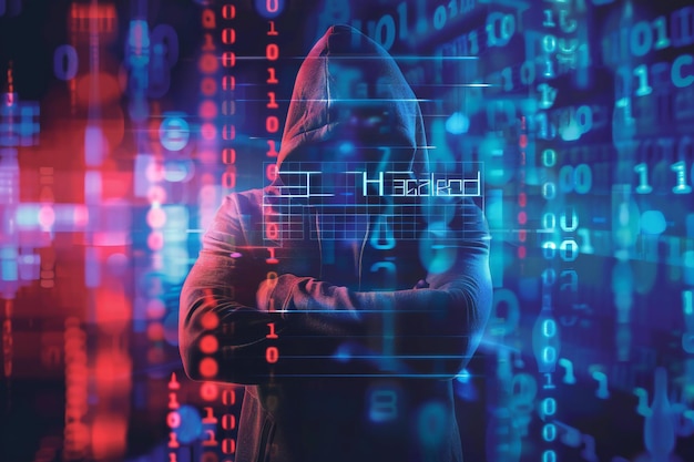 Abstract hacker silhouette in a hood against binary code and a digital screen background data secur