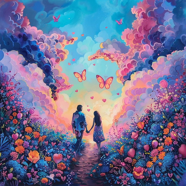 an abstract hand drawing of a man and a woman holding hands in a beautiful and colorful heartshaped