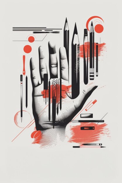 Photo abstract hand with drawing tools in red and black