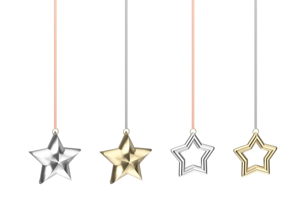 Abstract hanging star decoration set. 3d ornament on white isolated background.