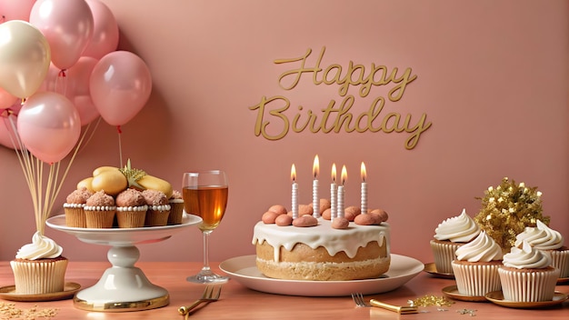 abstract happy birthday Background With Balloons cake with candle Generative Ai