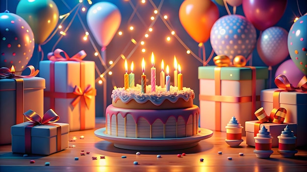 abstract happy birthday Background With Balloons cake with candle Generative Ai