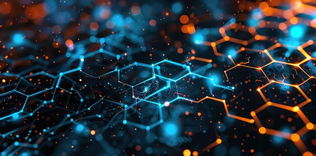 Photo abstract hexagonal pattern with glowing blue and orange elements on a dark background representing technology and connectivity