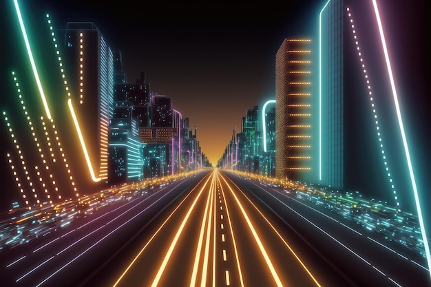 Abstract highway path through digital smart city graphic design