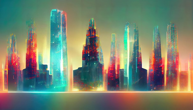 Abstract hologram 3D city rendering with futuristic matrix Digital skyline with a binary code particles network