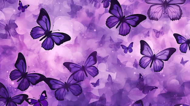 Photo abstract horizontal background with bright purple tropical butterflies watercolor imitation