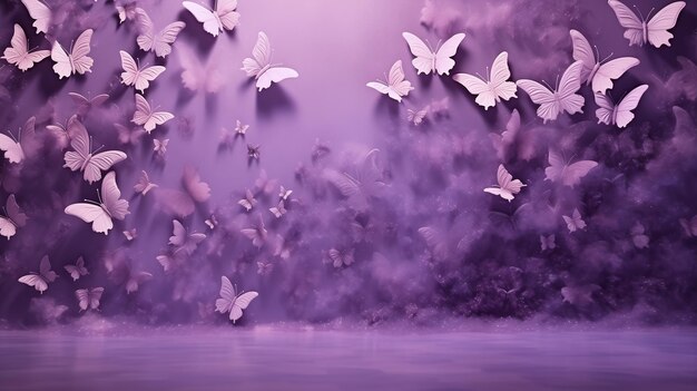 Photo abstract horizontal background with bright purple tropical butterflies