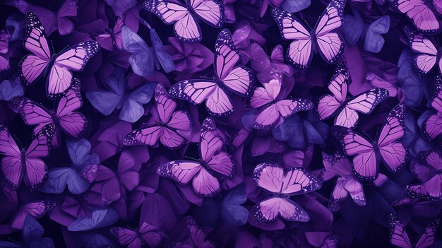 Photo abstract horizontal background with bright purple tropical butterflies