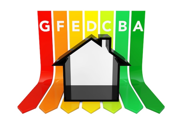 Photo abstract house over energy efficiency rating chart on a white background. 3d rendering.