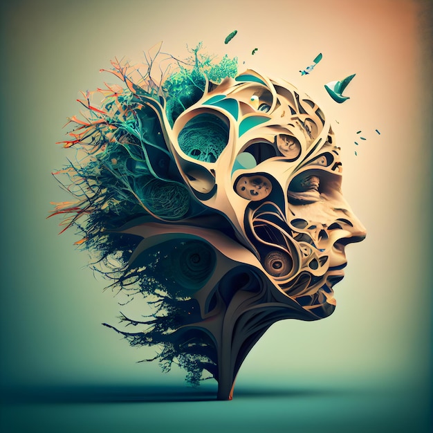 Abstract human head made of tree roots and butterflies 3d illustration