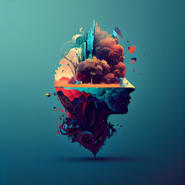 Photo abstract human head with colorful cloud and cityscape illustration