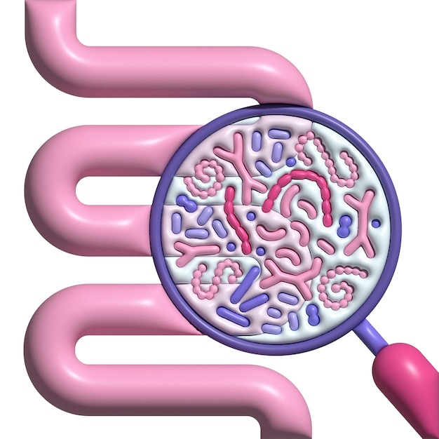 Abstract human intestine and magnifier gut microbiome concept sibo leaky gut syndrome and candida gr