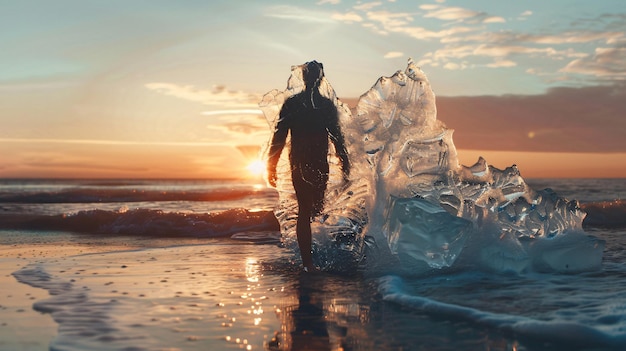 Abstract Ice Silhouette of Transparent Person on the Beach