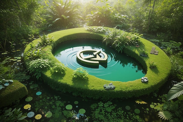 Abstract icon representing the ecological call to recycle and reuse in the form of a pond with a recycling symbol in the middle of a beautiful untouched jungle 3d rendering